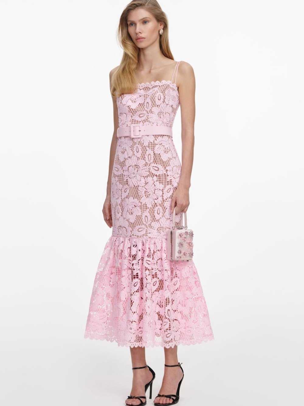 NWOT Self-Portrait PINK CROCHET LACE MIDI DRESS - Picture 6 of 9